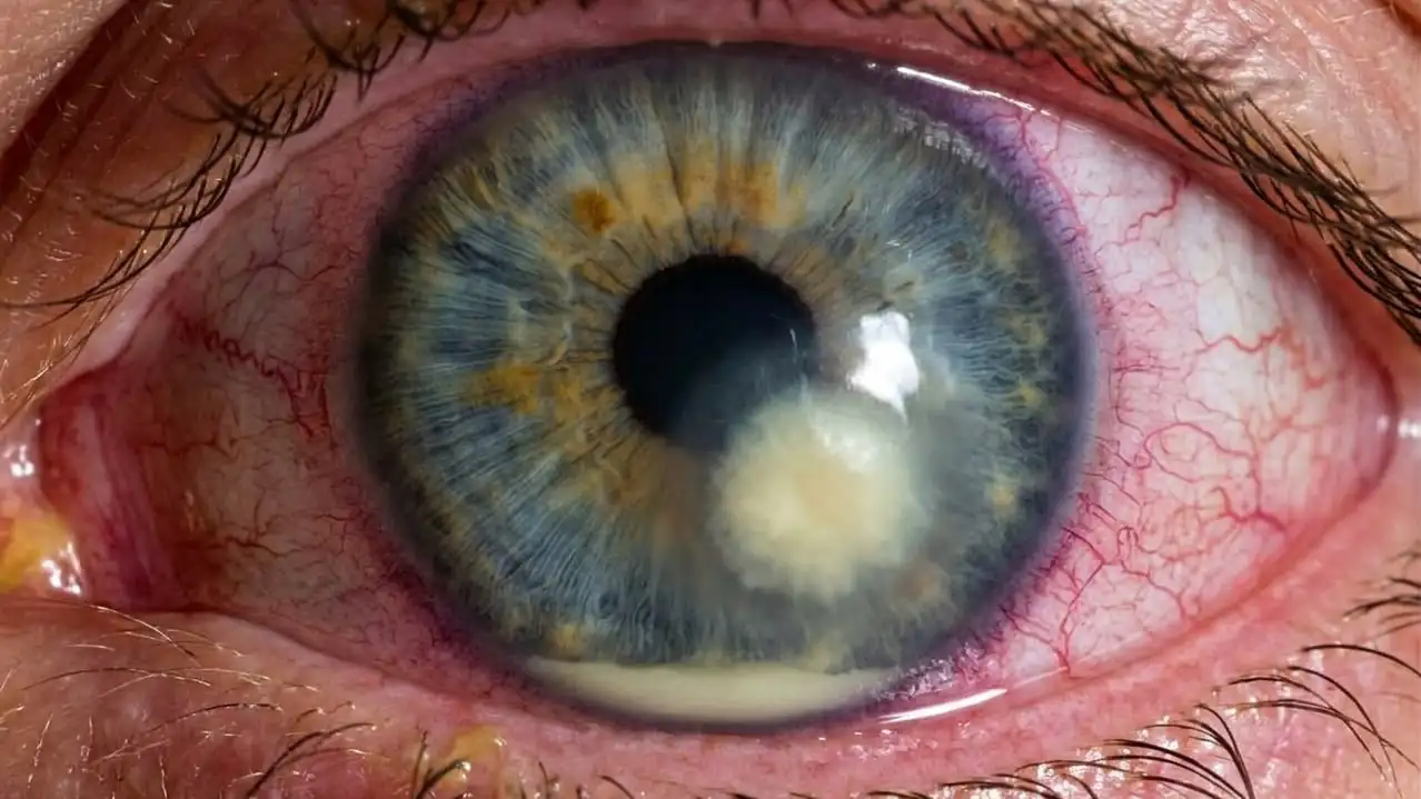 Ojo rojo con un absceso blanquecino en la córnea y pus en la cámara anterior